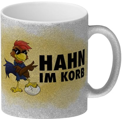 speecheese Hahn im Korb Glitzer-Kaffeebecher Das einzigartige Cartoon-Motiv eines Hahns macht diesen Kaffeebecher zu einem echt ausgefallenem Geschenk für Kollegen Familie und Freunde die