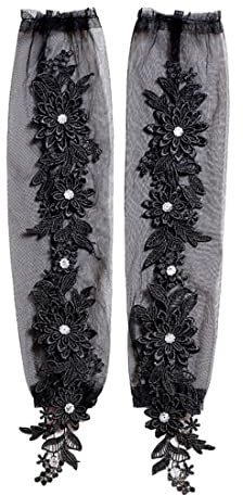 Yunyuebridal 1920er Damen-Spitzenhandschuhe, lange fingerlose Handschuhe, Tüll mit Applikationen, Ellenbogen-Abendhandschuhe, Schwarz, Einheitsgröße