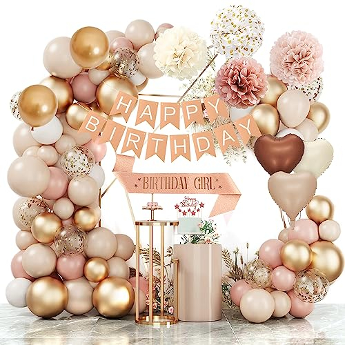 Geburtstagsdeko Ballon, Boho Luftballon Beige Happy Birthday Girlande Ballons Beige Roségold Luftballons Pompon Geburtstag Dekoration für Boho Geburtstag Frauen Mädchen