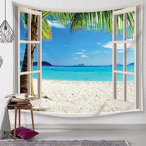Mesnt Wandbehang Meer Strand, Natur Wandteppich Mee Strand Palme Aesthetic Room Décor, Wandtuch Tapestry Tapisserie Wandbehang (Blau Weiß, 350x256cm)