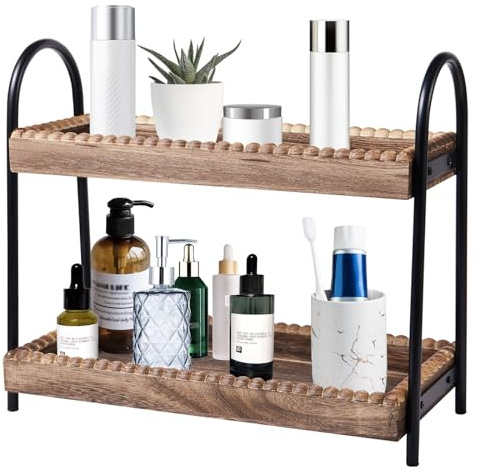 BDBDYEAY Bathroom Countertop Organizer, 2 Tier Vanity Organizer and Storage for Cosmetic Skincare Perfume, Wood Bead Storage Shelf for Bathroom Kitchen Coffee Station