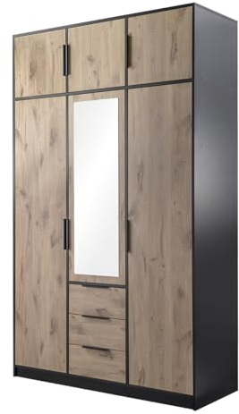 Mirjan24 Drehtürenschrank Lepalta 3D, Kleiderschrank mit 3 Schubladen, Kleiderstangen und Spiegel, Elegantes Schlafzimmer Schrank, Jugendzimmer (Schwarz/Eiche Viking, mit Schrankaufsatz)