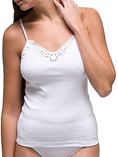 RAPIFE - 2115 Camiseta Mujer Tirante Fino realizado en algodón 100%, con Aplique Bordado en Escote. Color: Blanco Talla: XL