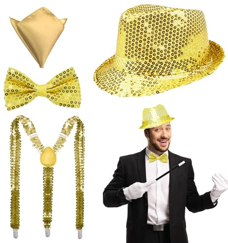 NebulaGlam Glitzer Accessoires Herren, Glitzer Kostüm Herre, Glitzer Fliege und Hosenträger Herren Pailletten Zylinder Hut Taschentücher, für Karneval Fasching Mottoparty