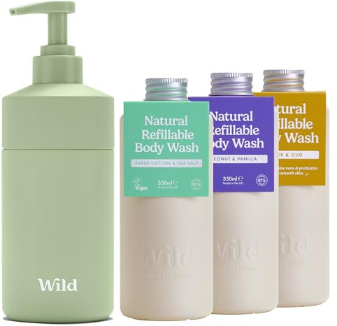 Wild Natural Refillable Body Wash Starter Kit - Includes Sage Green Aluminium Case & 3 Pack Shower Gel Refills in a Variety of Scents - Includes Coconut & Vanilla, Fresh Cotton and Amber & Oud Scents