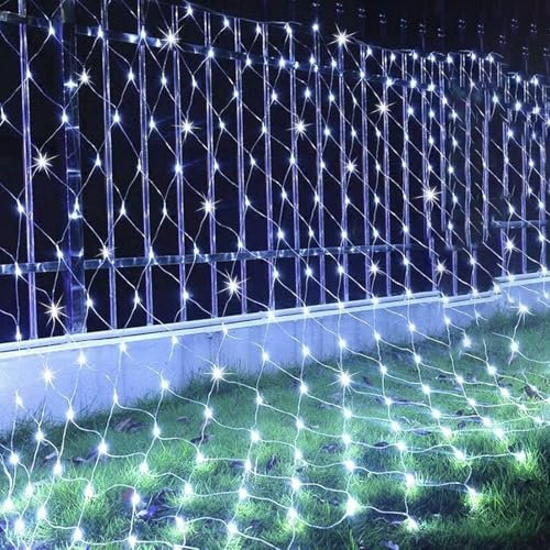 KINGCOO Filet lumineux à 192 LED - Étanche - Fonctionne sur piles - Filet lumineux - Pour jardin, extérieur, intérieur, Noël, mariage, fête - Décoration murale (blanc, 3 x 2 m)