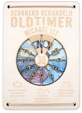 Oldtimer Geburtstagskarte 30. Geburtstag Schonend behandeln personalisiert Geldverpackung Geld Geburtstagsgeschenk Geschenkkarte aus Holz 12x17 cm