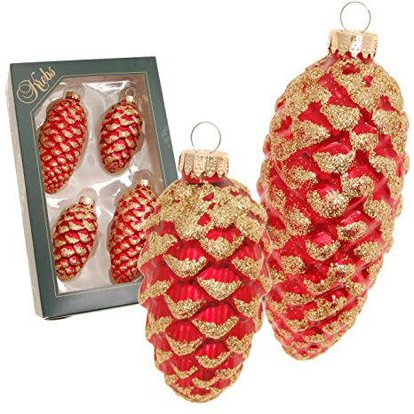 Krebs Glas Lauscha - Weihnachtsdekoration/Christbaumschmuck aus Glas - Tannenzapfen Rot Glanz/Satin mit Gold-Glitter, 4er Set (2 mal 8cm - 2 mal 10cm)