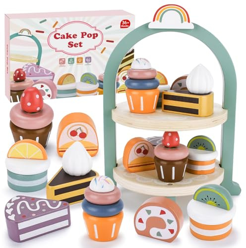 BBWELL Juguete de Madera para Tartas,Juego de té Juguete con Postre Juguete,Juguete de Madera para Tartas, Juegos de Té para Niñas, Accesorios de Cocina para Juego de rol con Magdalenas y Postres