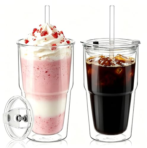 KEMORELA 2 Pack 480ml Double Walled Glass Cups with Lid & Straw – Clear Glasses for Iced Latte & Cappuccino Cups, Juice & Cold Beverages