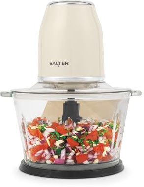 Salter Rétro Hachoir à Aliments Crème - Électrique 1,2 Litres, 2 Vitesses, Lames Doubles en Acier Inoxydable, Base Antidérapante, Mixeur pour Nourriture de Bébé, 500 W, Cream