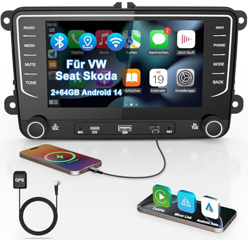 Autoradio mit Bildschirm Bluetooth 2+64GB für VW Golf 5 6 T5 Polo 6R Passat Caddy Seat Skoda, 2DIN 7 Zoll Auto Radio mit Navi DAB WLAN FM/AM, Apple Carplay, Android Auto, Lenkradsteuerung, Android 14