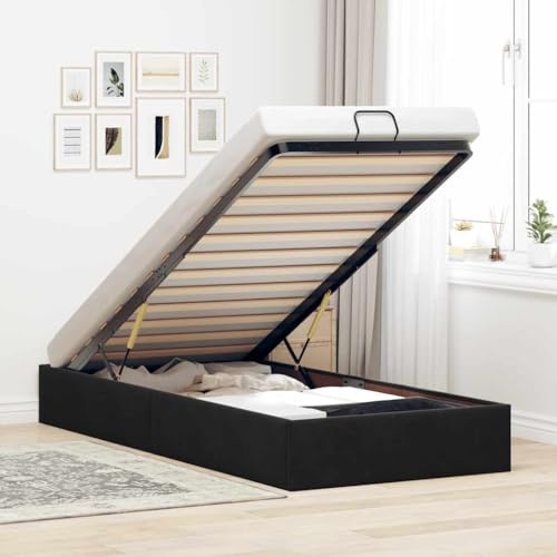 ACAGALA Polsterbett mit Bettkasten 100x200 cm, Einzelbett mit Stauraum, Bettgestell mit Lattenrost, Bettrahmen ohne Matratze, Boxspringbett für Schlafzimmer, Gästezimmer, Samt, Schwarz