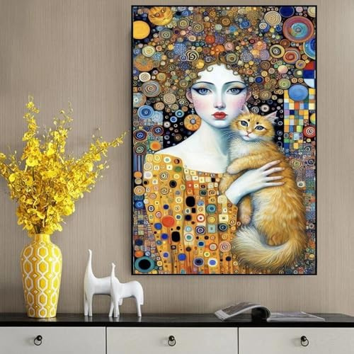 Waeta Rnvzx Gustav Klimt Poster Abstrakte Frau und Katze Wandkunst Vintage-Leinwand Gemälde Gustav Klimt Druck ästhetisches Bild für Wohnkultur 50x70 cm ohne Rahmen