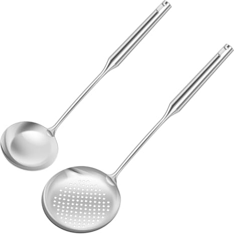 Mestolo e schiumarola in acciaio inox con manico lungo, lavabile in lavastoviglie, facile da pulire, ideale per zuppa, stufato, brodo e salsa