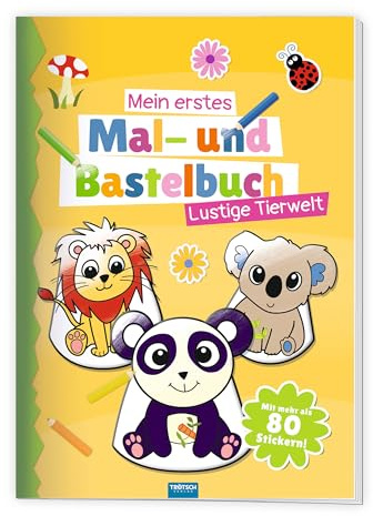 TRÖTSCH - Mein erstes Mal- und Bastelbuch Lustige Tierwelt | Malbuch für Buntstifte, Wasserfarben und Wachsmalstifte: Mit Tierfiguren zum Ausschneiden und mehr als 80 Stickern | Ab 3 Jahren