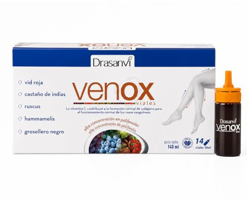 Venox Complemento Alimenticio Drasanvi en 14 Unidades Natural Sin Gluten | Ayuda a la Circulacion de las Piernas, Formula con Vid Roja, Castano de Indias y Hammamelis, Vegano y Sin Gluten Diariamente