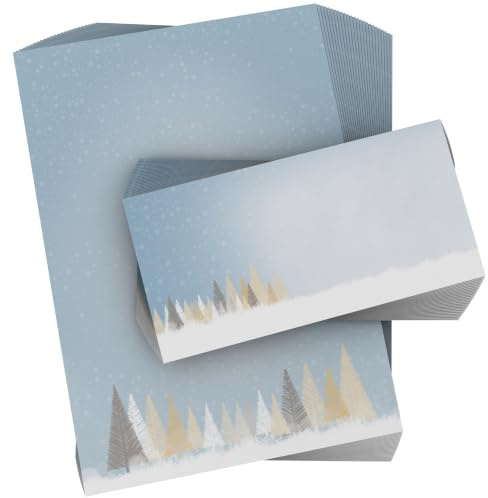 Weihnachtsbriefpapier | Winterlicher Märchenwald | 50 Blatt weihnachtliches Motivpapier A4 | 50 Briefumschläge OHNE FENSTER im DIN LANG-Format