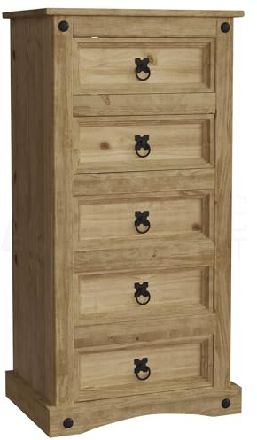 Vida Designs Corona - Cajonera, 5 cajones, Estrecha, Madera Maciza de Pino Mexicano Encerada