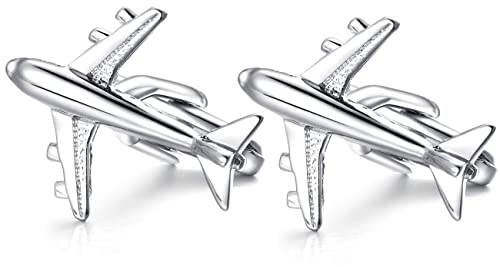 HONEY BEAR Herren Manschettenknöpfe Hochzeit Cufflinks Silber Flugzeug Edelstahl 1 Paar mit Geschenk Box Schwarz,MEHRWEG
