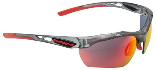 SWISSEYE Nucleo Sportbrille (verstellbar, gummierte Bügelenden, Ventilationssystem, Etui, Mikrofaserbeutel & Wechselscheiben), crystal grey matt/red
