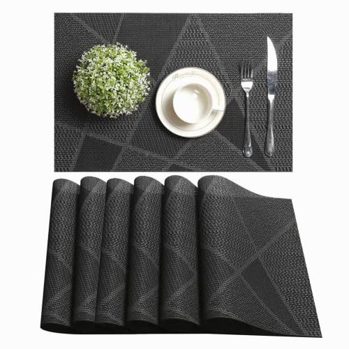 LAPONO Manteles Individuales Lavables 6 Piezas Negro, Salvamanteles Individuales Rectangulares 45 x 30 cm, Textilene PVC Poliéster Fácil de Limpiar Resistente al Calor 80 °C para Cocina Comedor