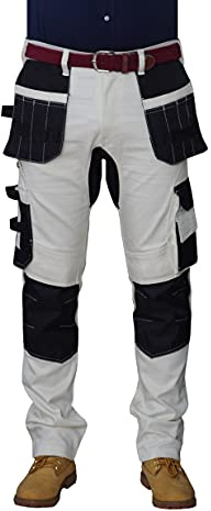 HASHOOB Mens Work Trousers Painters Decorators White Cargo Combat Pants