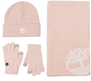 Timberland Women's Double Layer Scarf, Cuffed Beanie & Magic Glove Gift Set Hat, Cameo Rose, One Size