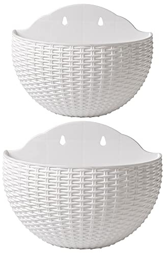 2 Pcs Imitation Rattan Wall Hanging Flower Pot, Semicircle Hanging Planters Outdoor with Drainage Hole and Hooks, Plastic Garden Hanging Basket for Balcony Fence (White)