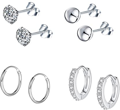 Epoch World 4 Paar Ohrringe Silber 925 Ohrstecker Damen Herren Creolen Diamant Silber Kleine Creolen Set mit Zirkonia Ohrringe für Damen Männer Mädchen