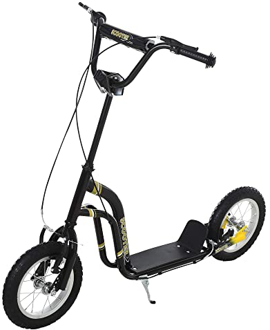 HOMCOM Kinderroller Scooter Tretroller mit verstellbarem Lenker, großen Rädern und Handbremse Kickscooter 12 Zoll Cityroller für Jungen und Mädchen ab 5 Jahre bis 100 kg Metall Schwarz