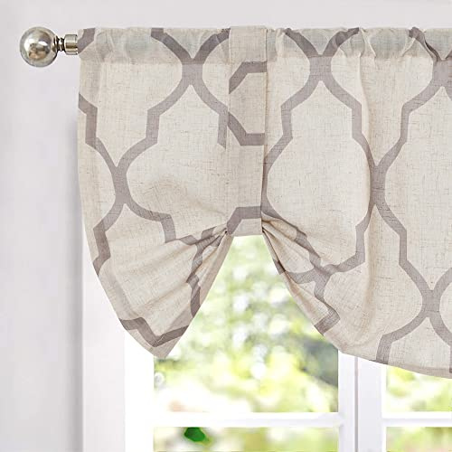 TOPICK Geometrische Scheibengardinen 1 Stück 45Hx127B Grau Beige | Bistrogardine Leinenoptik Gardinen Geometrische Scheibengardinen Marokkanische Vorhänge Verdunklung Küchenvorhang