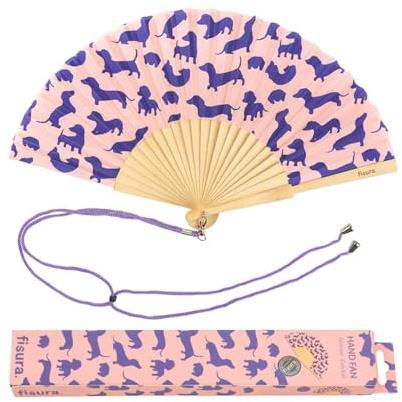 Fisura - Original Handheld Folding Fan with print. Colourful wooden fan. Original holding Hand Fans. Birthday Gifts Wedding Party Decoration. (Dogs, pink)