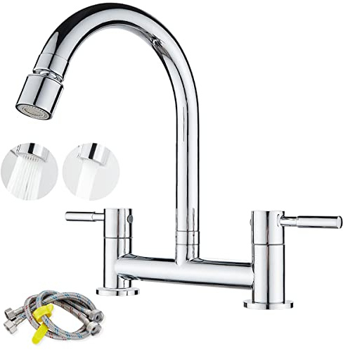 Ankoory Bridge Kitchen Sink Mixer Tap, Kitchen Bridge Mixer for 2 Hole Sink (180mm Centres), Dual Levers Sink Taps with 2 Function Aerator, 1/4 Turn, 360° Swivel Spout, Brass, Chrome