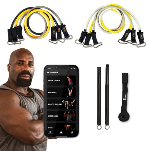 PAKAMA - Premium Widerstandsbänder (inkl. App) mit Stange oder Griffe für Home Workout & Krafttraining Zuhause - Extrem Resistance Bands 4,5kg - 24kg - Fitness-Bänder für bis zu 220kg Widerstand