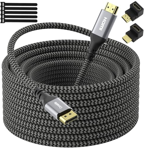 4K DisplayPort to HDMI Cable 25FT, 4K@60Hz HDR, High Speed Active Display Port to HDMI Cable UHD Converter, Uni-Directional, 4K@60Hz 2K@120Hz 1080P for HDTV, Monitor, Projector, Dell, NVIDIA, AMD, HP