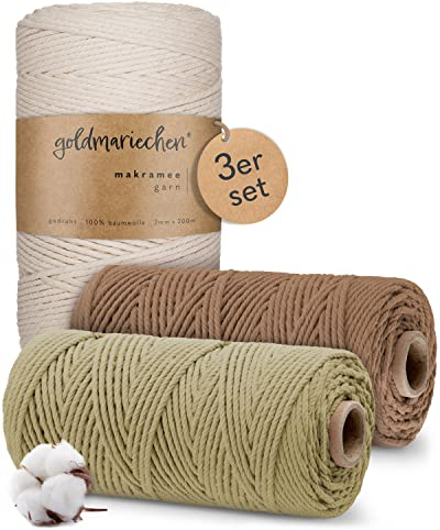 goldmariechen Premium Makramee Garn 3er Set (Naturell, Taupe, Salbei) | 3mm | 100% Baumwolle | plastikfreie Verpackung | Makramee Baumwollgarn für DIY Handwerk