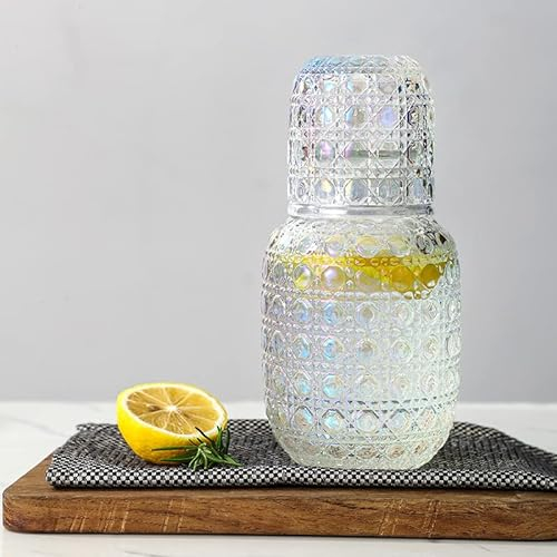 BestAlice Set di caraffa d'acqua e vetro da comodino, 450 ml (450 ml) di caraffa in vetro vintage con tazza, brocca d'acqua trasparente per camera da letto, bagno, colore