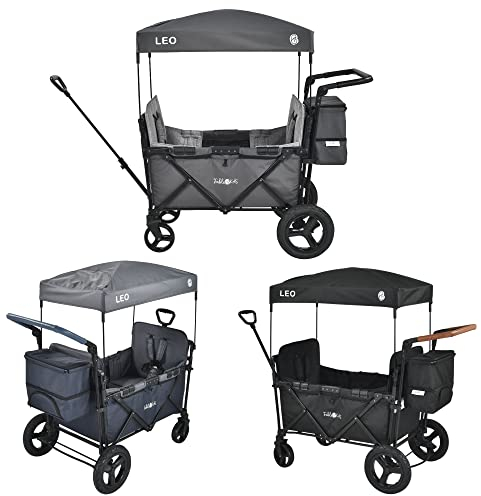 FableKids Bollerwagen Leo X2Plus mit Dach 2 Sitzplätze Faltbarer Transportwagen XXL-Hecktasche 5-Punkt-Gurt 360° Offroad Räder Fußbremse Oxford 600D Leinen Fossil Grau