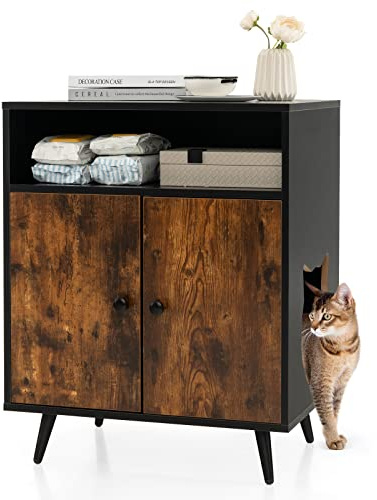 COSTWAY Mobile per Lettiera per Gatti con Gambe Inclinate | Casetta per Gatti con Ingresso, Scomparto Aperto e Tavolino in Legno Versatile per Salotto, 60 x 45 x 75 cm, Marrone e Nero