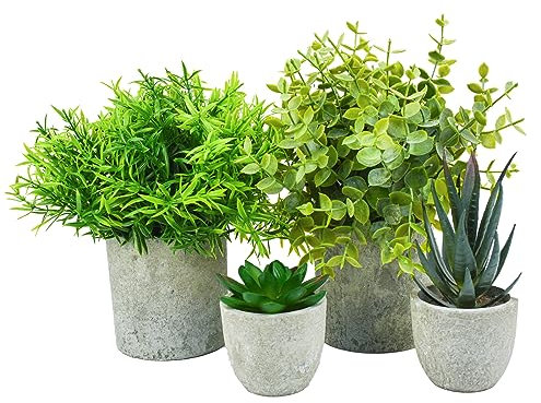 Surplex 4 Set Artificial Plants Indoors in Pots Plastic Fake Plants Potted, Eucalyptus, Rosemary, Small Succulents Plants in Pots Faux Plants for Office Desk Bedroom Kitchen House Decoration