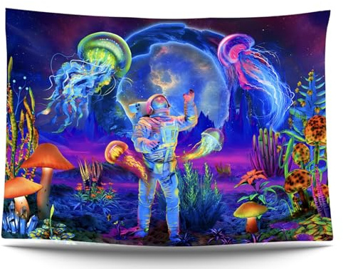 Ulticool – Astronauten Qualle - Glow in the Dark Wandteppich - Schwarzlicht under UV Reaktive Bright Black Neon Light - Blacklight Psychedelisch im Dunkeln Leuchtende Wandtuch - 200 x 150 cm