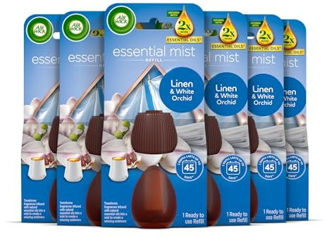 Air Wick Essential Mist Refills, Linen & White Orchid, Pack 6 x 20ml, Natural Essential Oils, Last up to 270 days, Air freshener