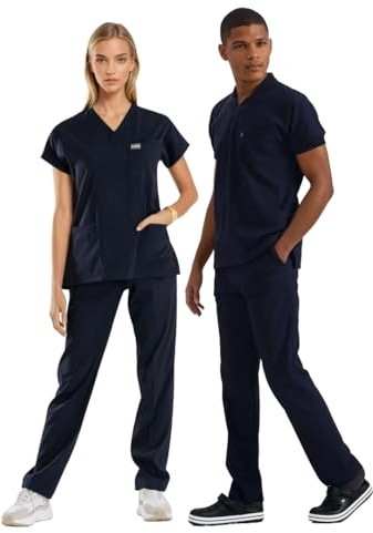 ELLYSHINE Professionella medicinska uniformer och skrubbar – mjukt stretchtyg scrubs uniformer kvinnor set – skrubbad topp och skrubbad botten, Ny marinblå, M