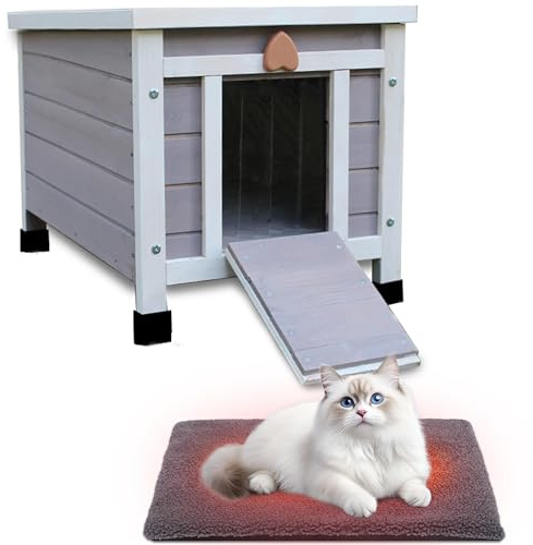 Outdoor Katzenhaus mit Kissen, Wetterfestes Hölzernes Haustierhaus für Katzen Kaninchen, 42x51x43cm (Grau)