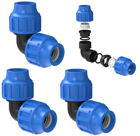 3 Stück Winkelstück 90 Grad, Fitting Verbindungswinkel 90° gartenschlauch Kupplung für Wasserrohre HDPE Rohr 25 mm Kunststoff, Klemmverschraubung