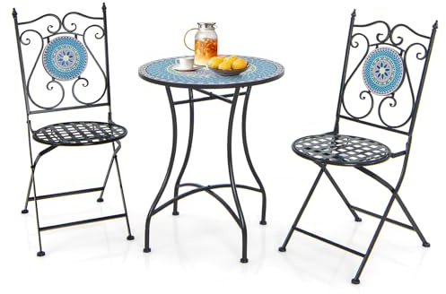 GYMAX Set di Tavolo e Sedie da Giardino, Tavolino Rotondo e 2 Sedie Pieghevoli con Schienale, Struttura in Metallo, Aspetto Mosaico Moderno per Balcone, Patio (Stile 2)