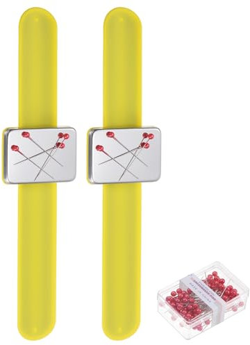 QUARKZMAN 2 Stück Magnetischer Nadelhalter Armband Nähnadelkissen Silikon Armband mit 100 Kunststoffkopf-Nadeln für Nähen Quilten Haarspangen, Gelb