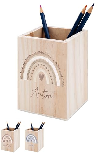 wunderwunsch® - Personalisierter Stiftehalter Kinder aus Holz - Kreativer und praktischer Schreibtisch-Organizer Kinder mit Namen - Perfektes Einschulung Geschenk und Geburtstag (beige)