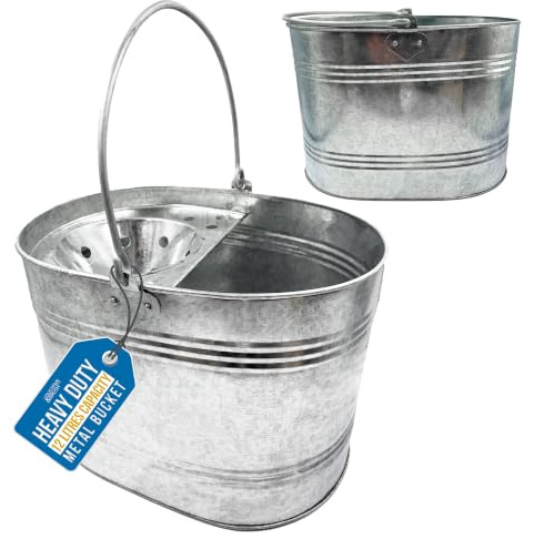 Galvanised Metal Mop Bucket With Wringer – 12L Heavy Duty Mop Buckets Only Steel Cleaning Bucket with Built-In Strainer for Home Bathroom, Kitchen & Office